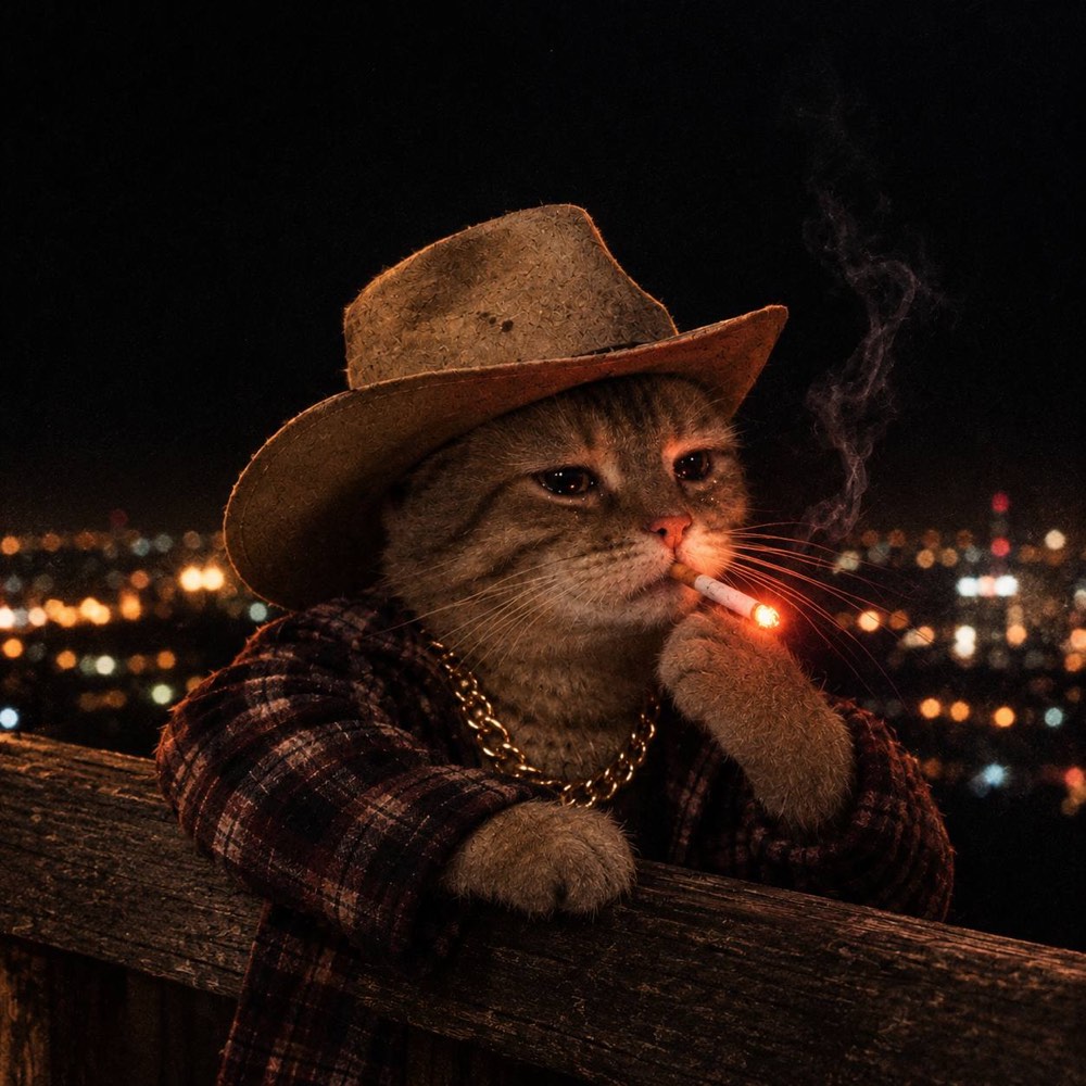Texcat in a cowboy hat watching the city at night